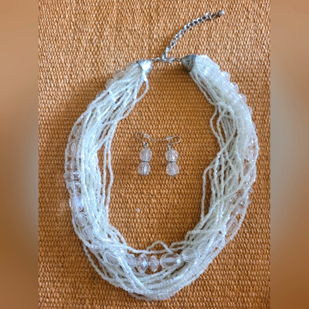 White Beaded Multi String Statement Necklace with Earrings